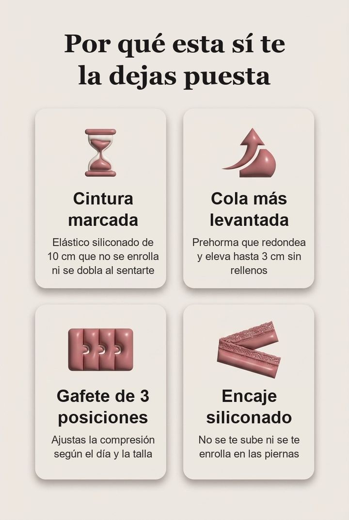 Cintura marcada, cola más levantada, gafete de 3 posiciones y encaje siliconado