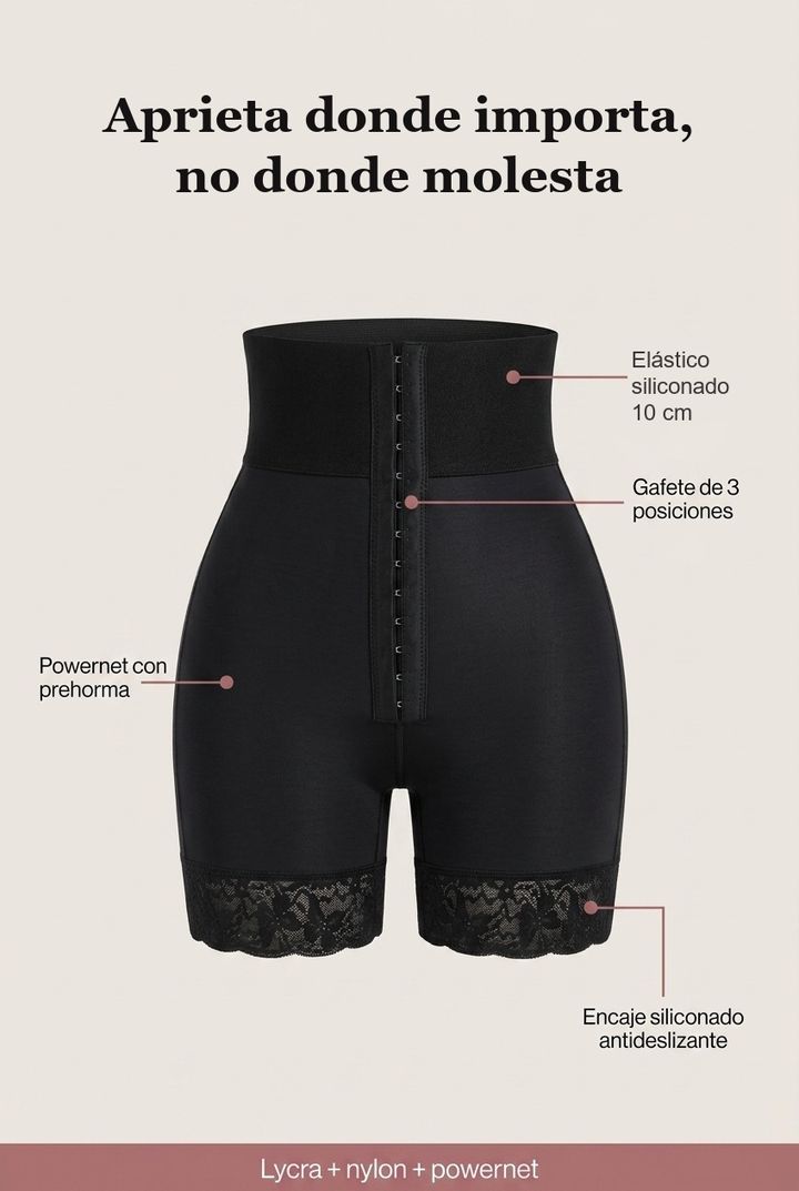 Compresión dual: arriba aplana, abajo levanta. Lycra, nylon y powernet
