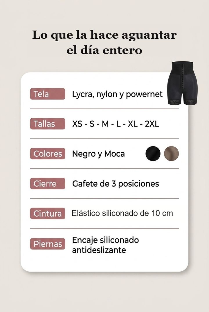 Ficha técnica: tallas XS a 2XL, colores negro y moca, gafete de 3 posiciones
