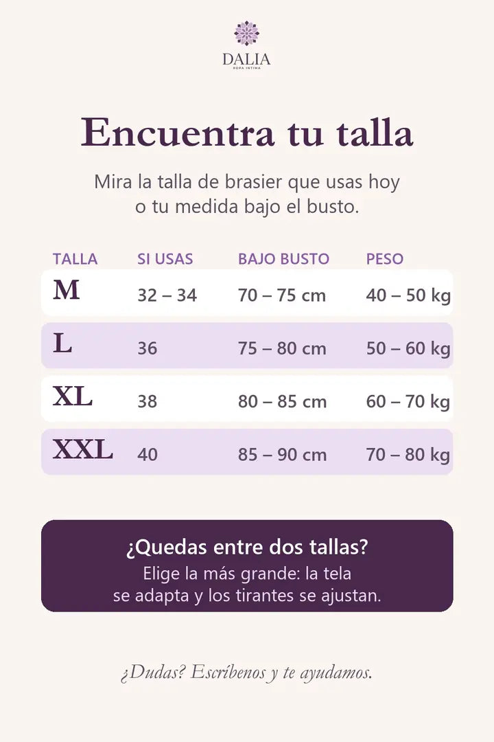 Guía de tallas M a XXL según talla que usas, bajo busto y peso